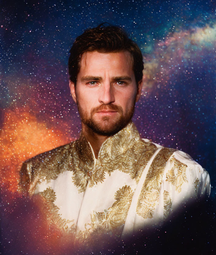 Bearded man in gold-patterned jacket on cosmic nebula backdrop