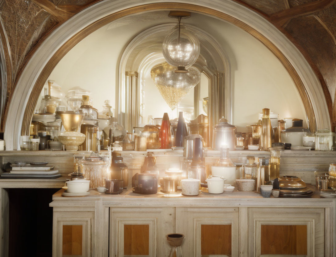 Glassware and candles on wooden sideboard under arched alcove with pendant light