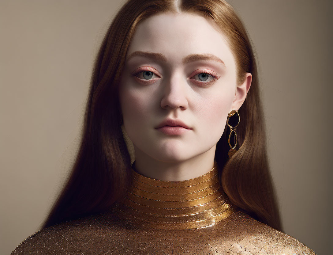 Fair-skinned woman with blue eyes in gold earrings and turtleneck.