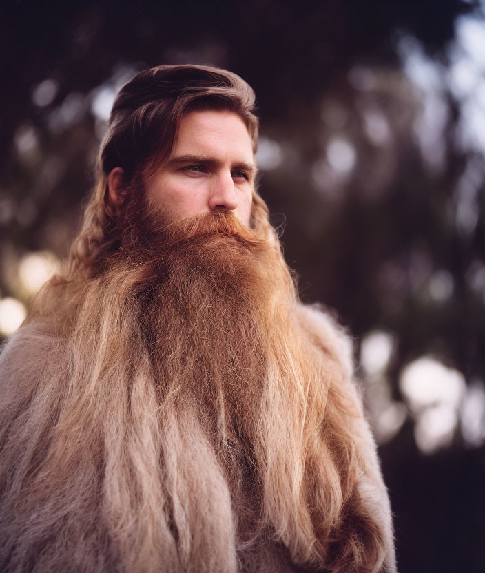 Bearded man with stylish hair gazing to the side in natural setting