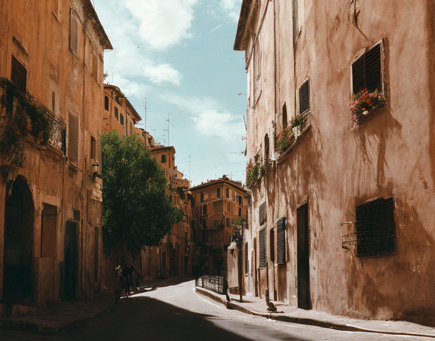 Sunlit street with aged buildings, flower-adorned balconies, shutters, and cobble