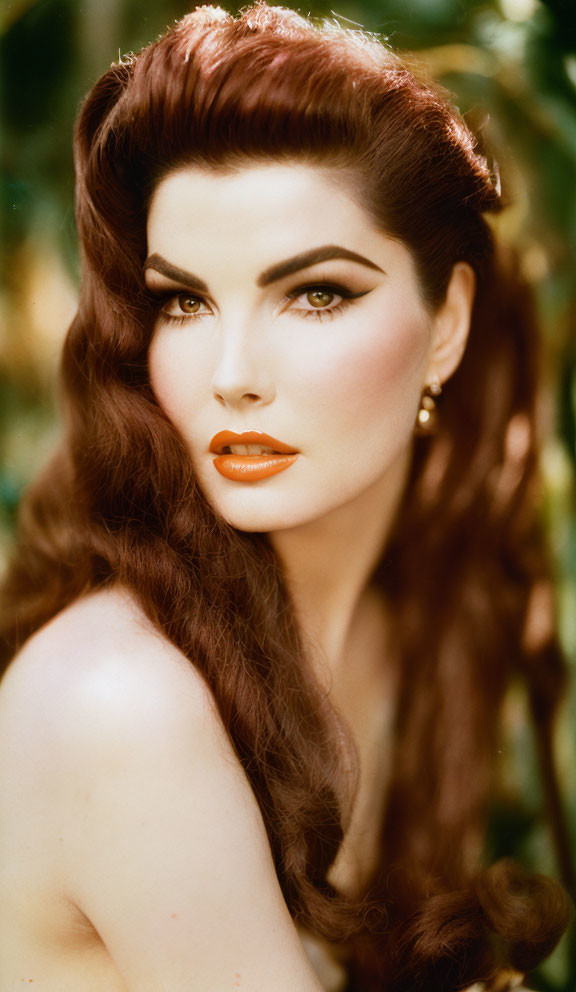 Woman with Red Lipstick, Dramatic Eye Makeup, and Retro Hairstyle Against Blurred Green Background