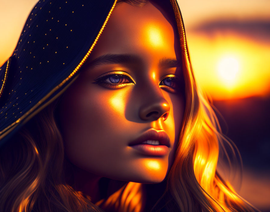 Golden-Haired Woman in Hood Under Sunset Glow