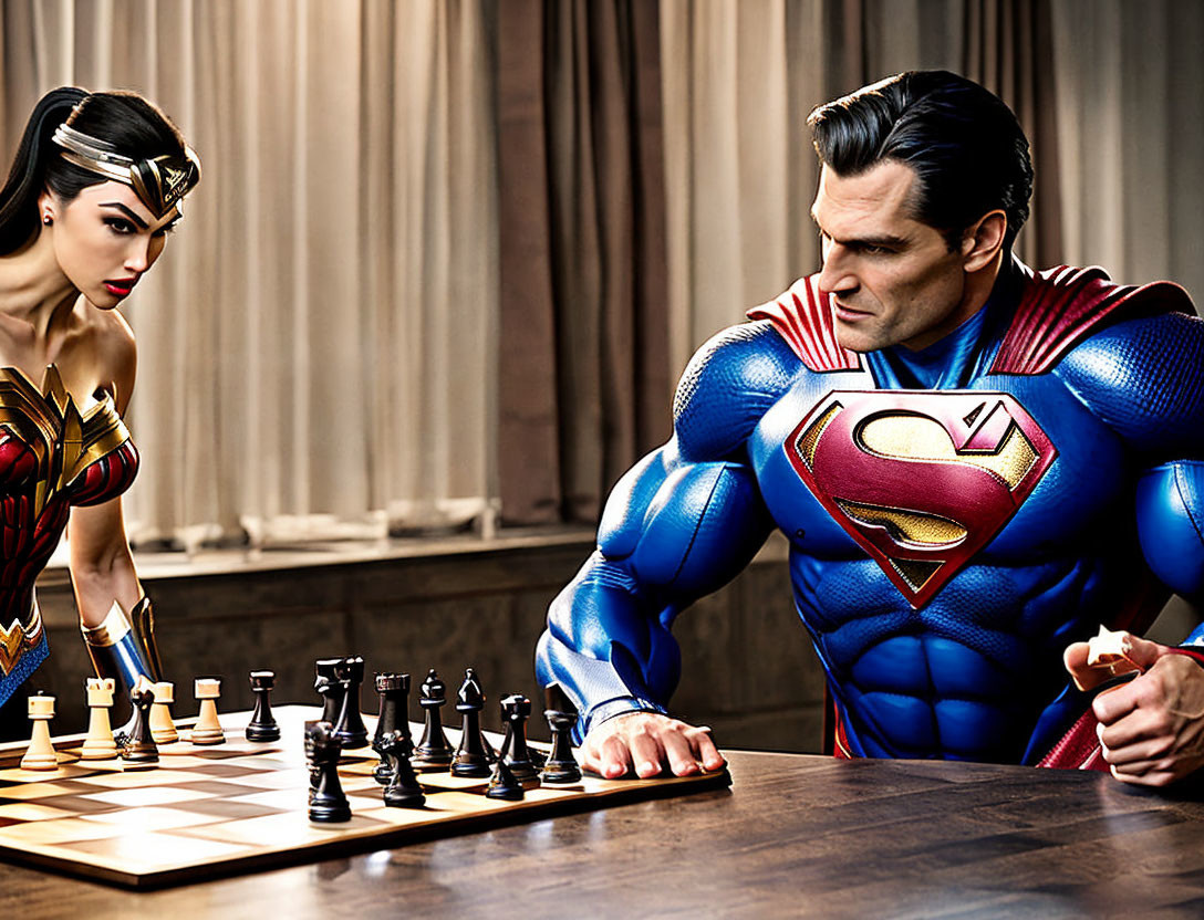 Superhero characters playing chess in a room with elegant curtains