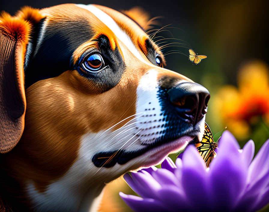 Close-up of Beagle with Butterfly and Purple Flower in Vibrant Image