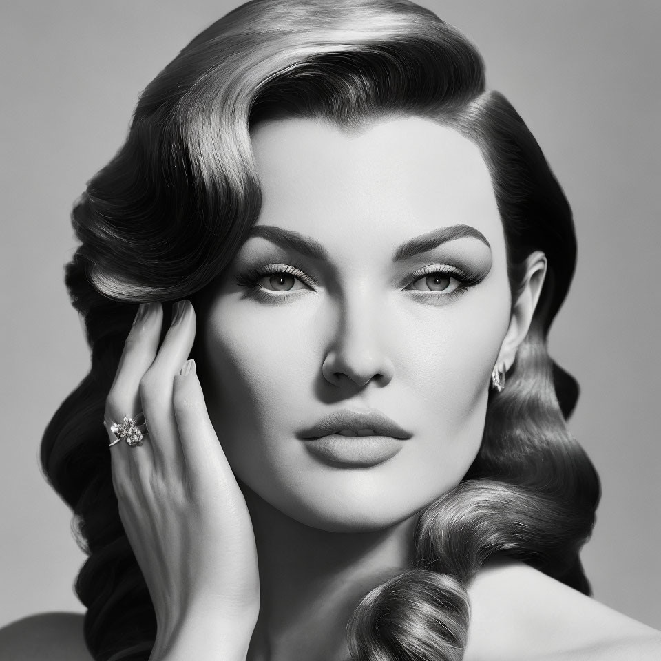 Monochrome portrait of woman with vintage Hollywood waves and diamond ring