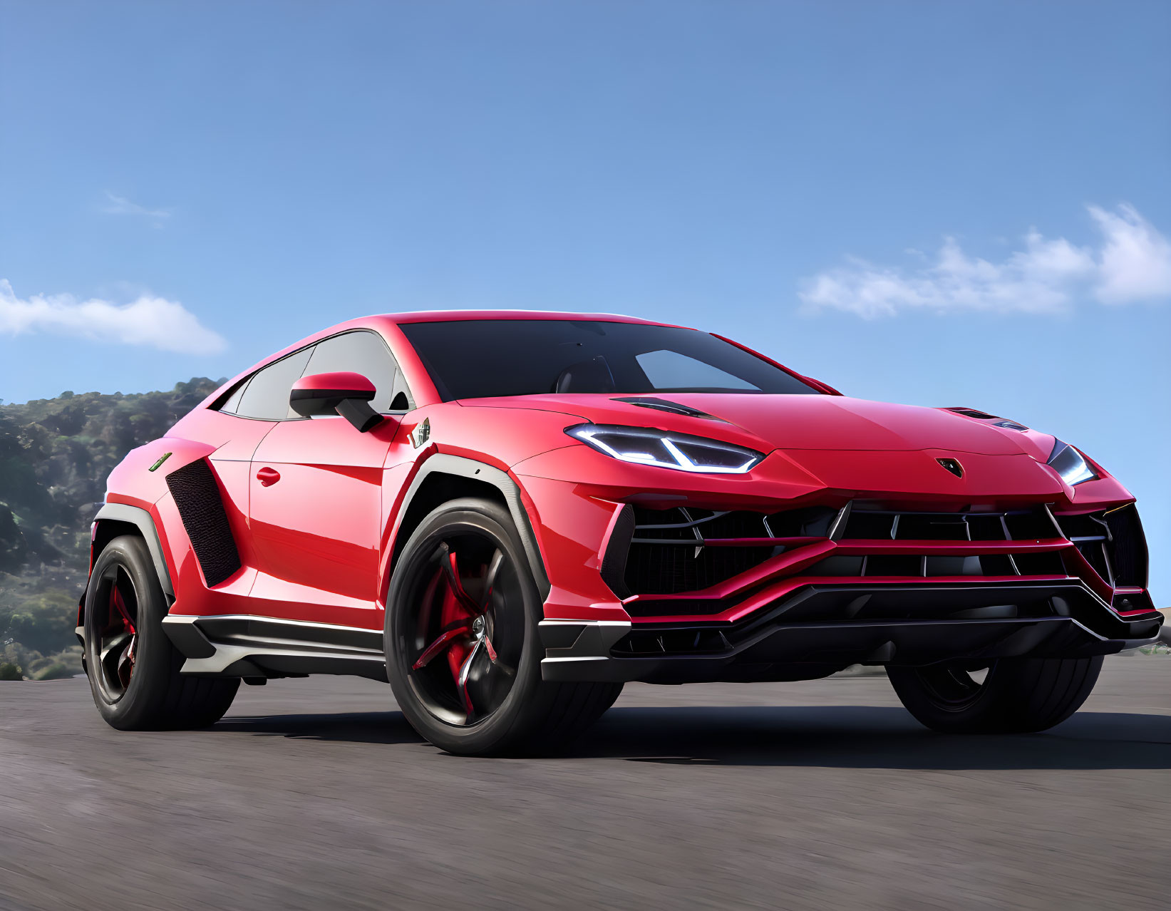 Luxury Red Lamborghini Urus SUV Driving on Mountain Road