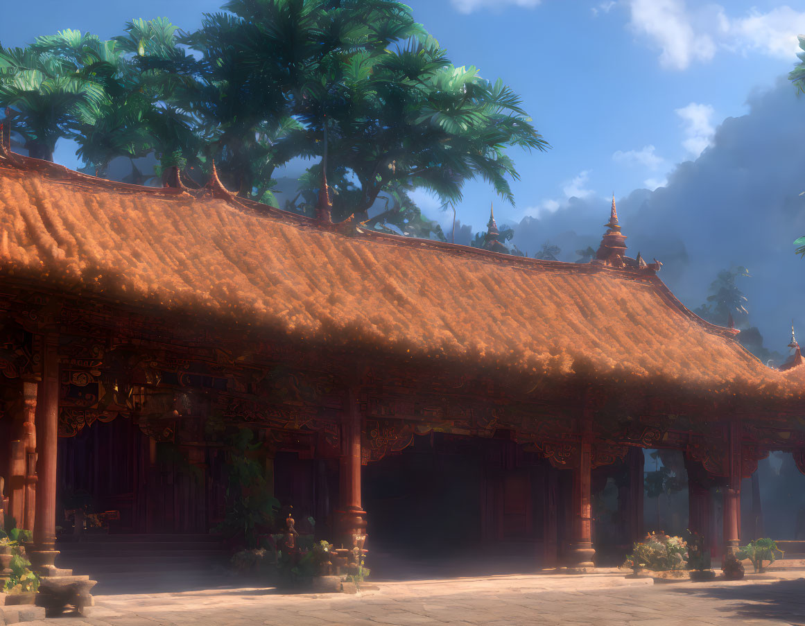 Carved wooden temple with terracotta-tiled roof in lush greenery