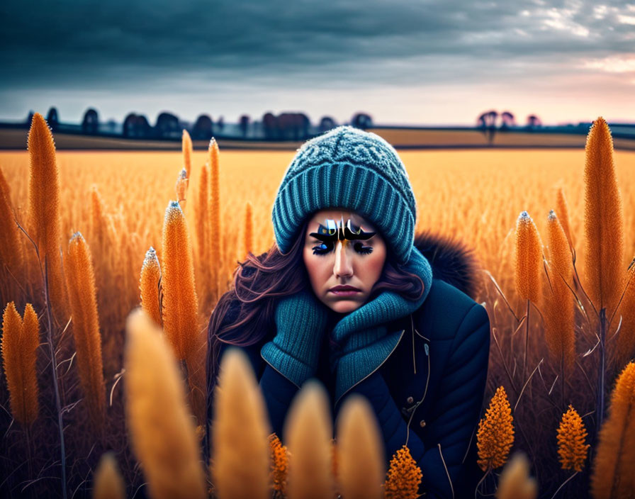 Contemplative person in blue hat and scarf in golden wheat fields at sunset