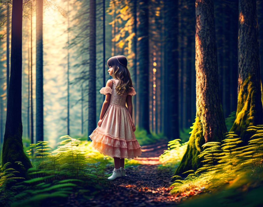 Vintage dress girl in sunlit forest with tall trees and lush ferns