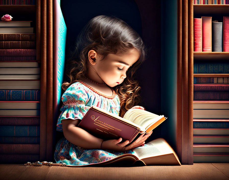 Curly-Haired Girl Reading Book in Library Setting