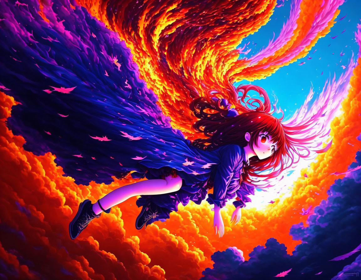 Red-haired girl in swirling orange and blue backdrop.