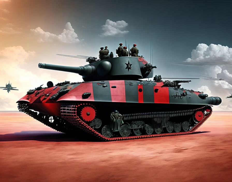 Futuristic red and black striped tank with large cannons and personnel against crimson sky