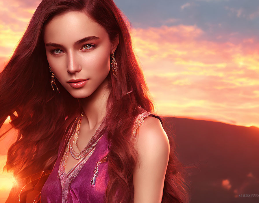 Woman with long brown hair in purple dress against orange sunset.