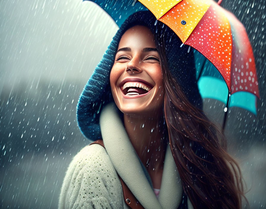 Colorful umbrella woman smiling in rain with hood and scarf