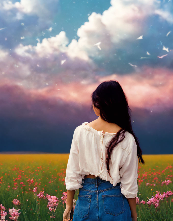 Woman in white blouse and denim skirt in vibrant pink flower field under dramatic sky.