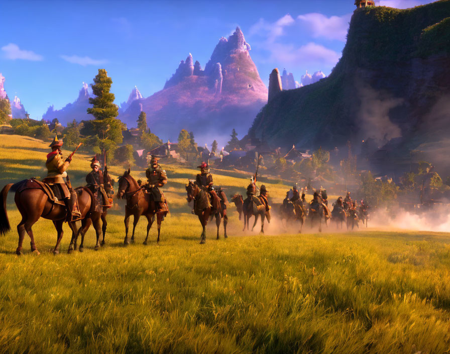 Animated knights on horseback in sunlit meadow with misty mountains