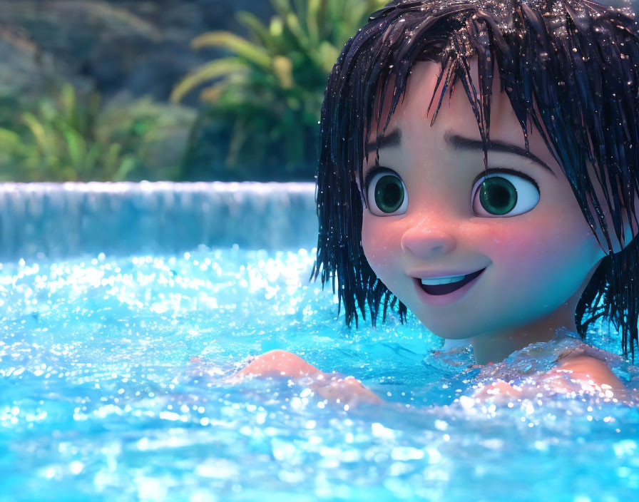 Animated character with wet hair and green eyes in sparkling blue pool