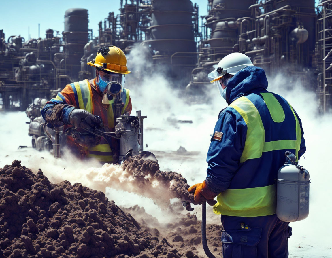 Industrial workers in high visibility vests and helmets using heavy-duty tools on worksite with machinery and steam.