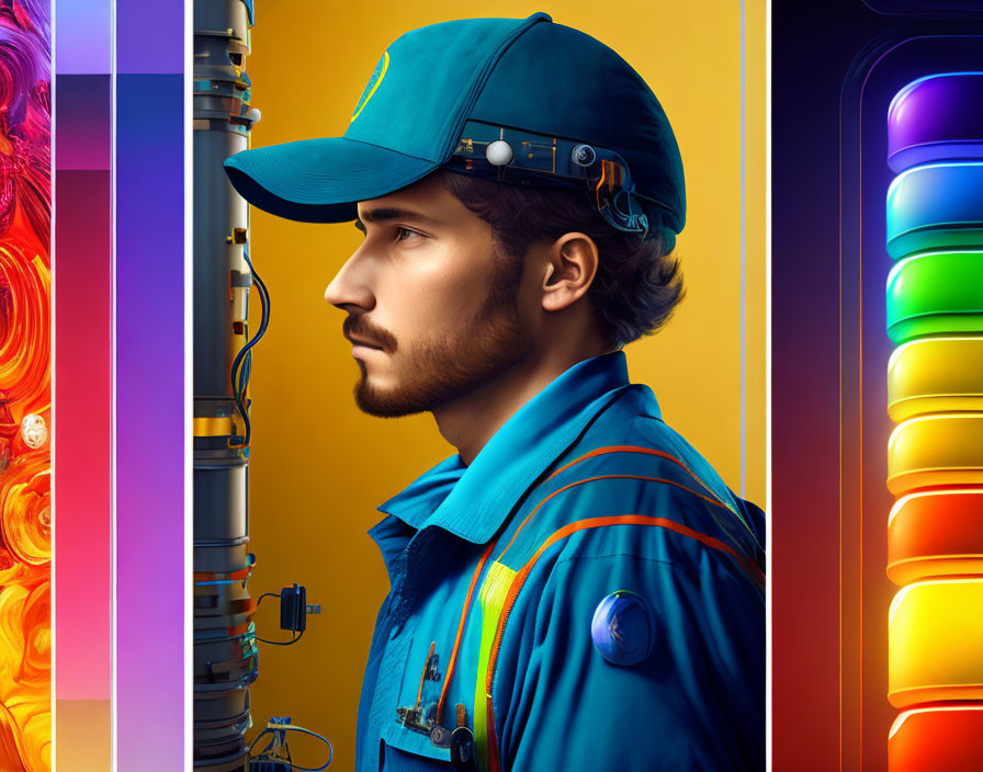 Man in Blue Uniform and Cap Against Split Colorful Background