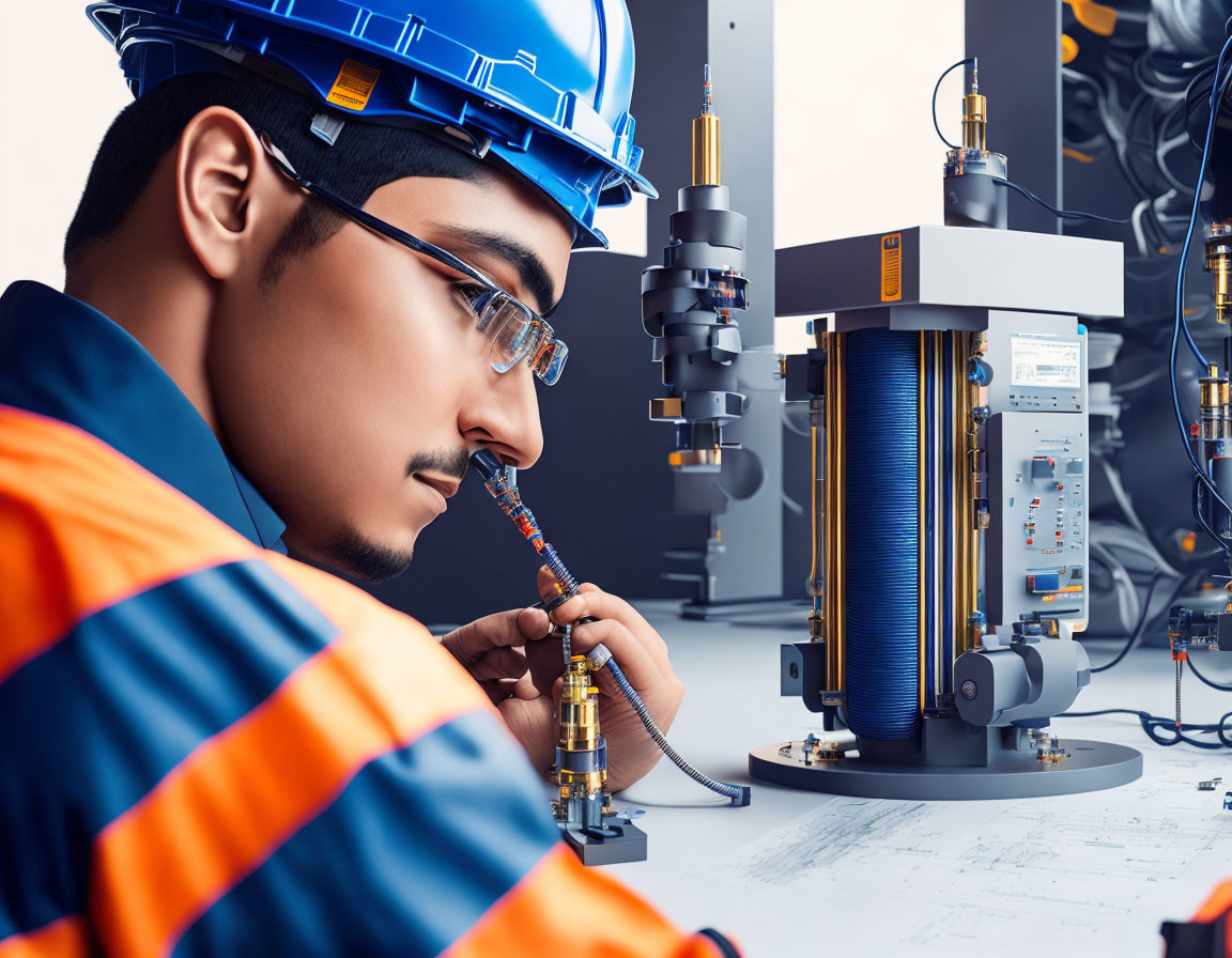 Blue hard hat engineer meticulously inspects machinery components.