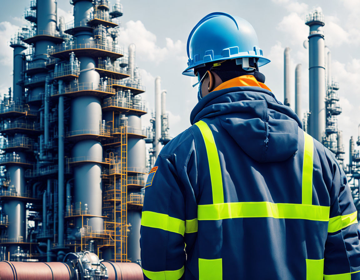 Industrial worker in high-visibility jacket overseeing complex facility.