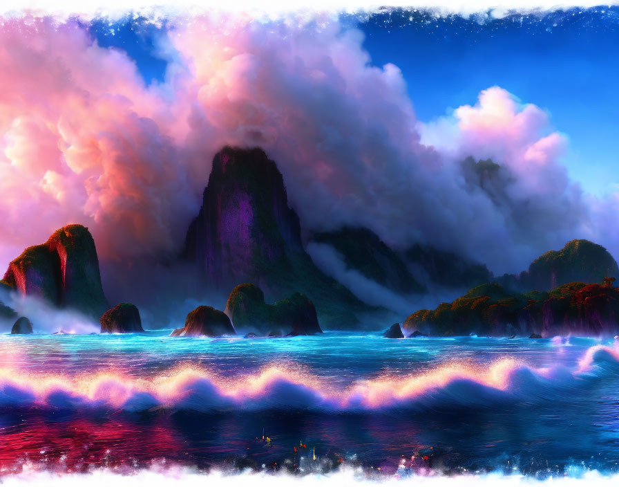 Digital artwork: Misty mountain islands in glowing sea under dramatic sky