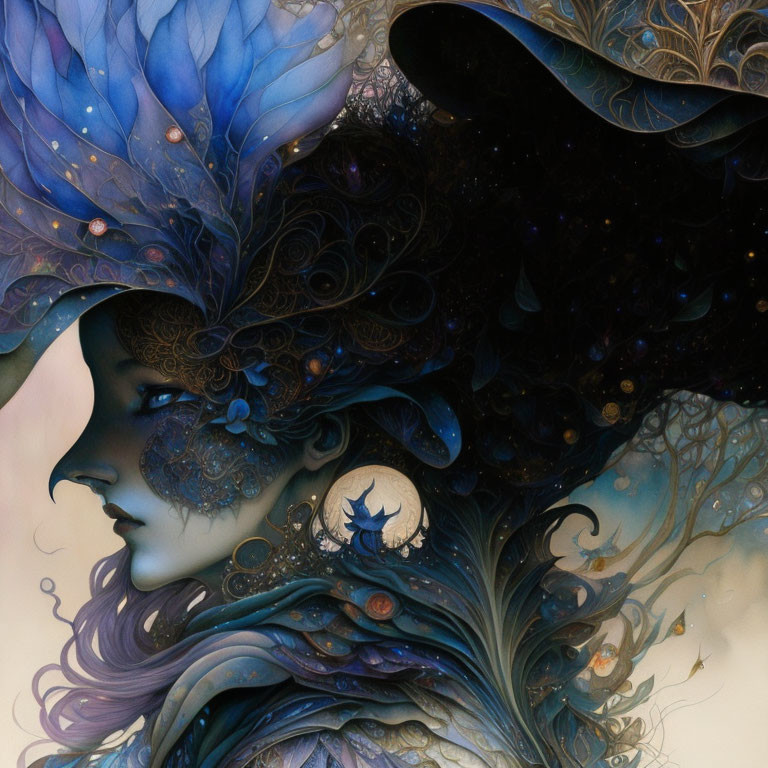 Detailed woman illustration with fantastical headdress in celestial background.