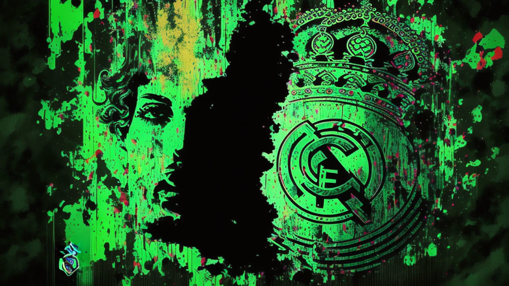 Green-toned grungy image with woman silhouette and Real Madrid C.F. emblem