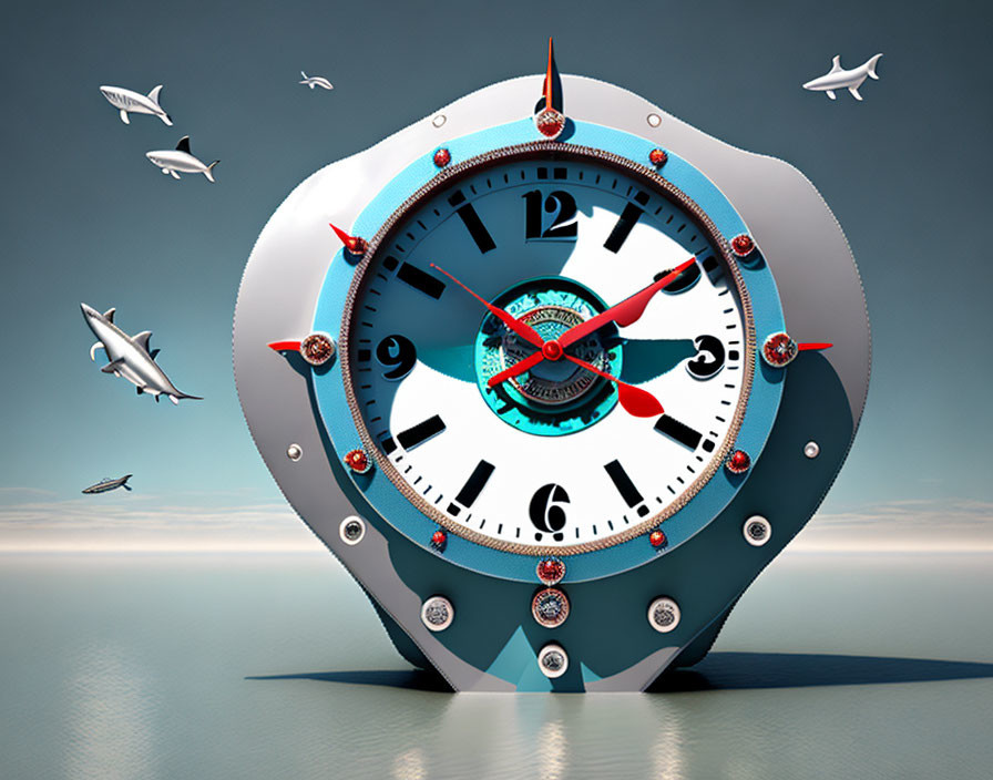 Surreal image of giant wristwatch on reflective surface with flying birds in soft blue sky