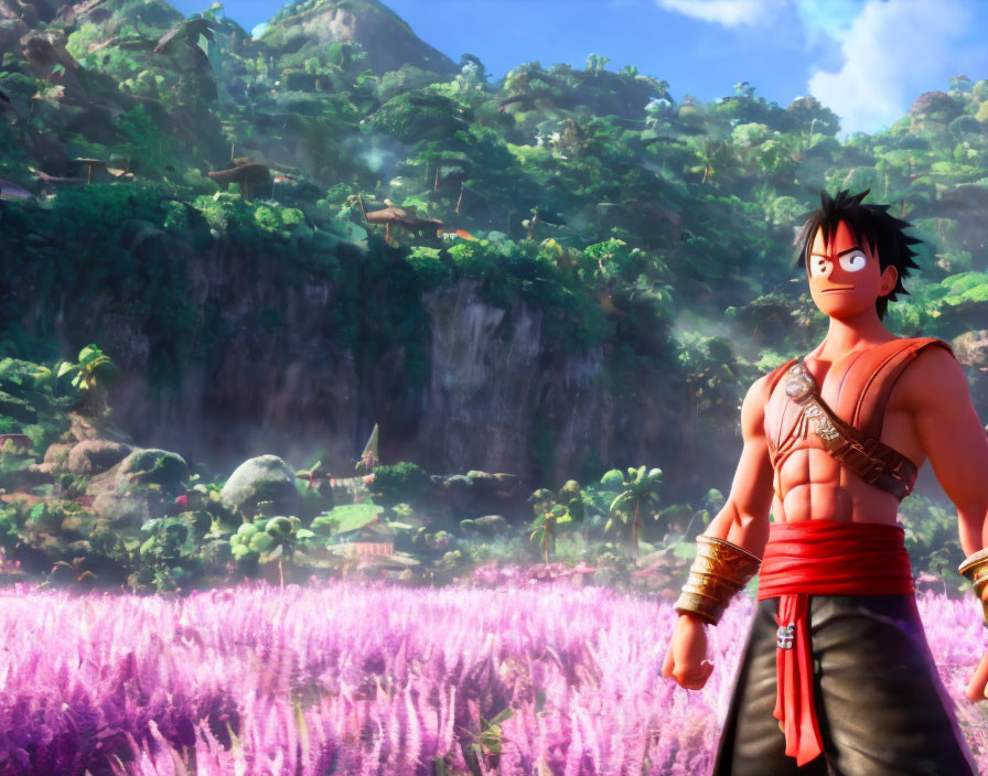 Colorful animated character in vibrant landscape with pink grass, waterfall, and green mountains