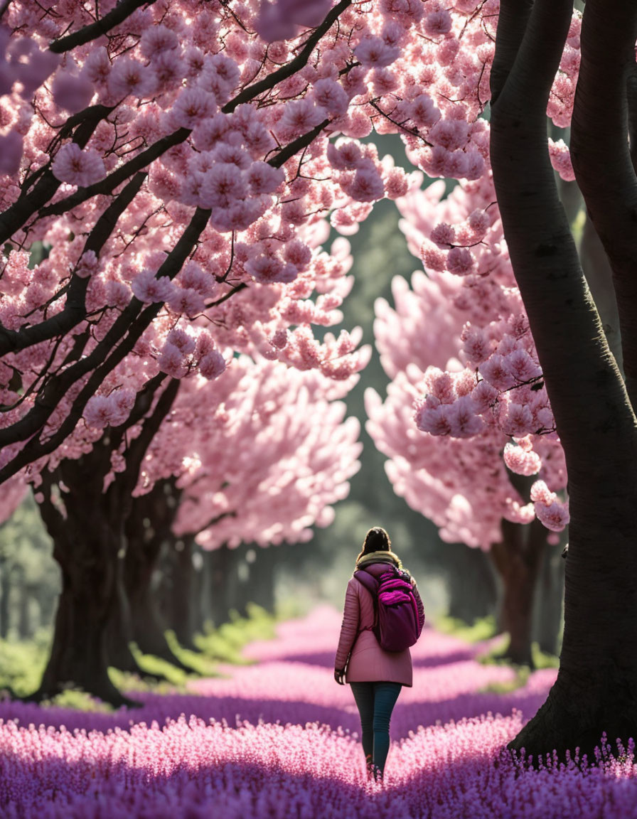 Person walking under blooming cherry blossoms in sunlight