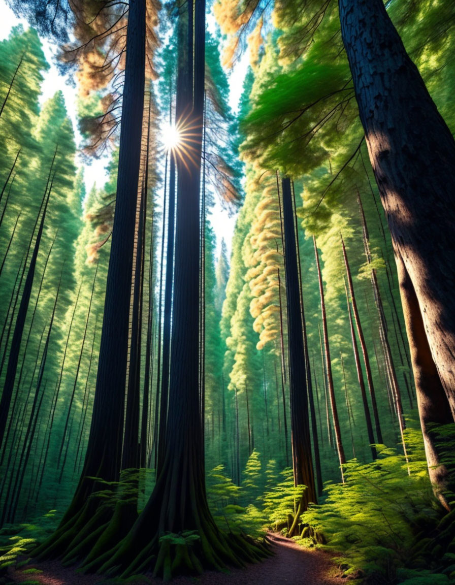 Lush forest with towering trees and fern-covered floor