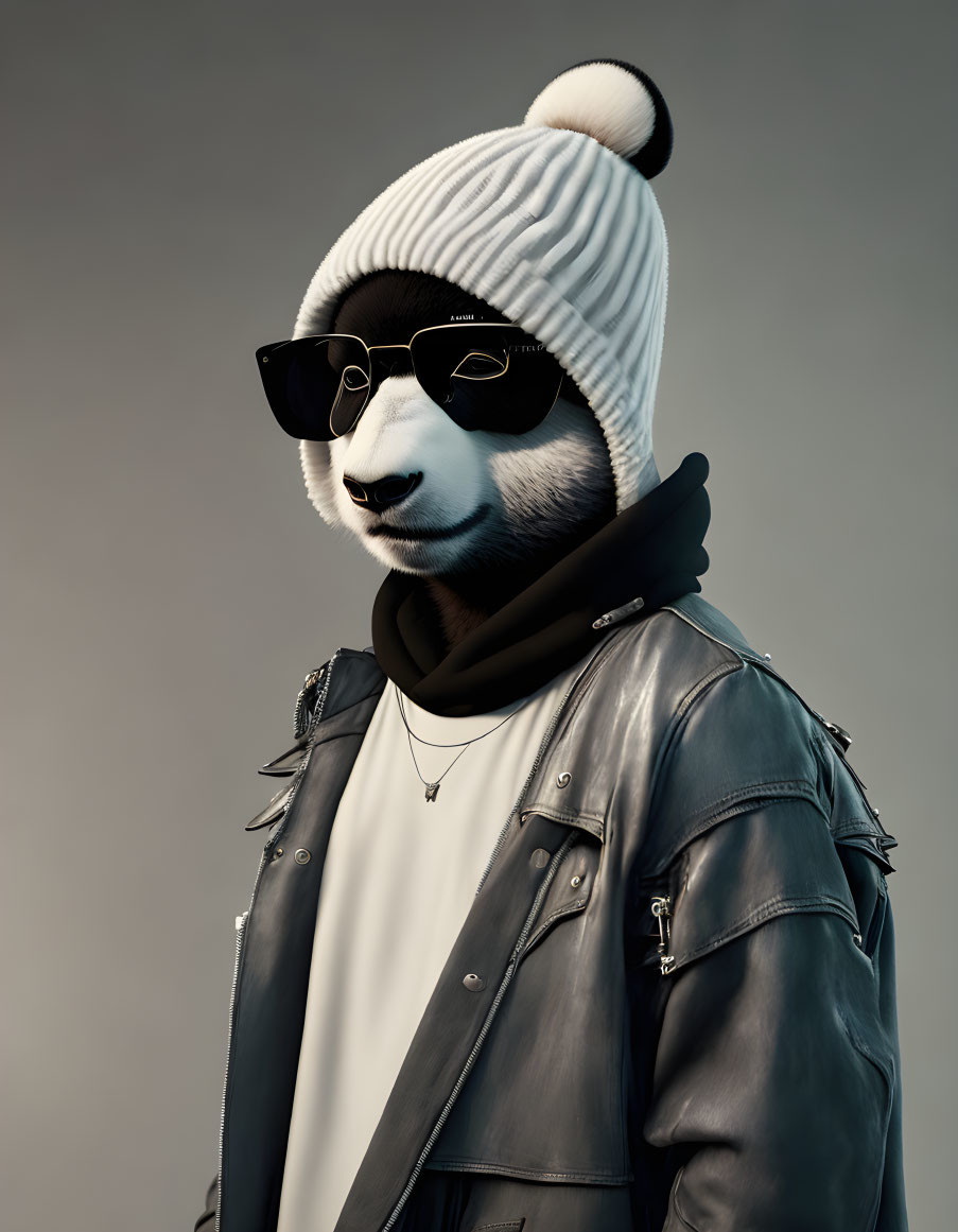 Panda in Leather Jacket with Sunglasses and Beanie