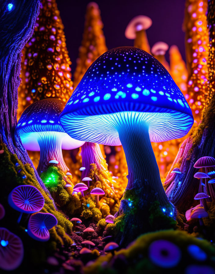 Vibrant blue mushrooms in colorful forest setting with purple and yellow hues