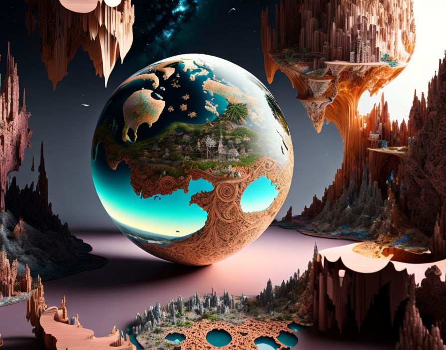 Mirrored surreal landscape with floating terrains and globes in dusky sky