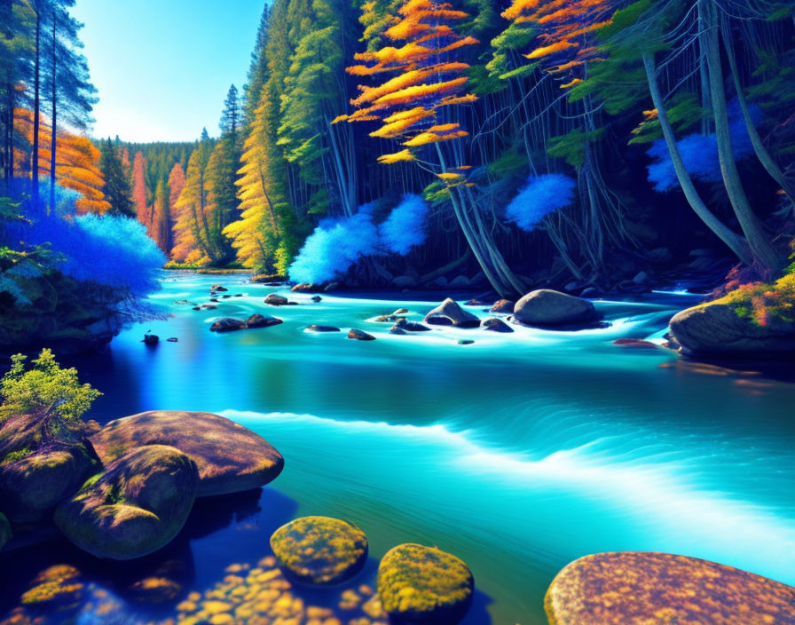 Tranquil turquoise river in vibrant autumn forest