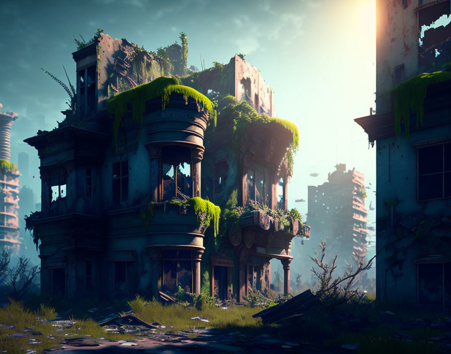 Abandoned buildings with overgrown plants in post-apocalyptic scene