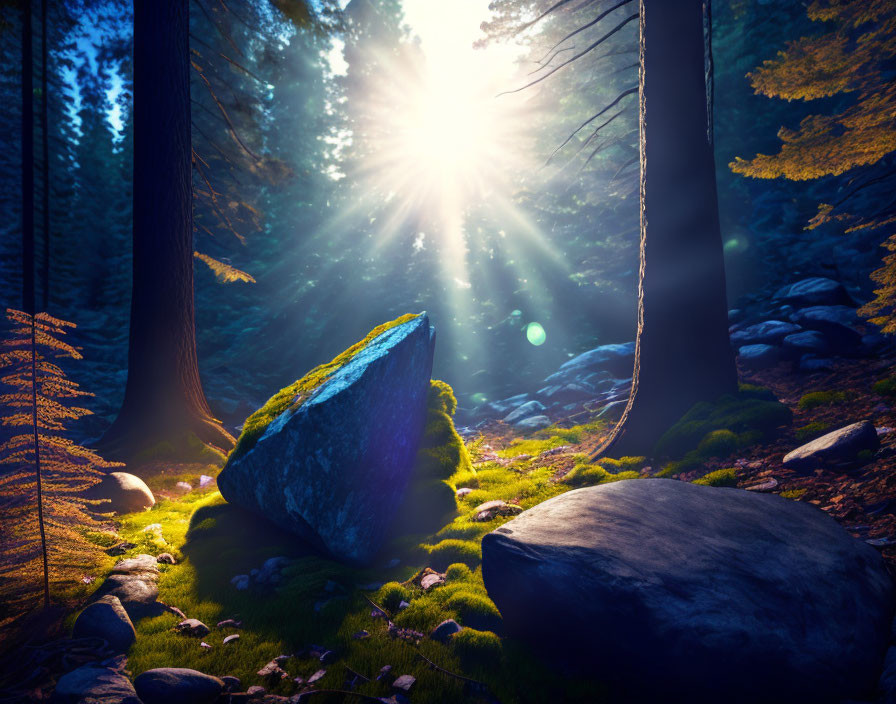 Forest scene: Sunlight on moss-covered rock & greenery