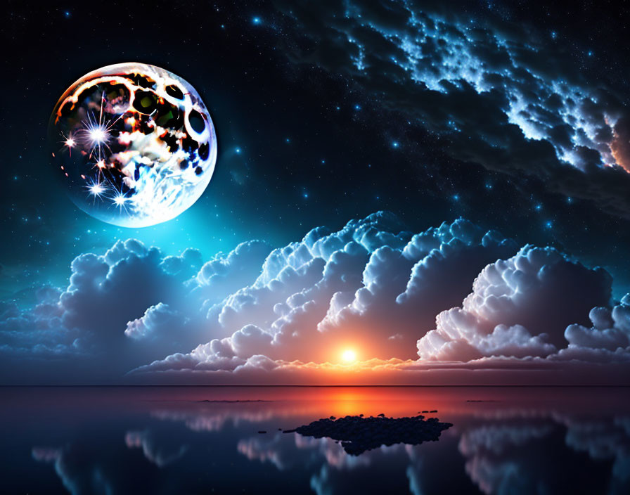 Vibrant moon over surreal landscape with tranquil water and starry sky