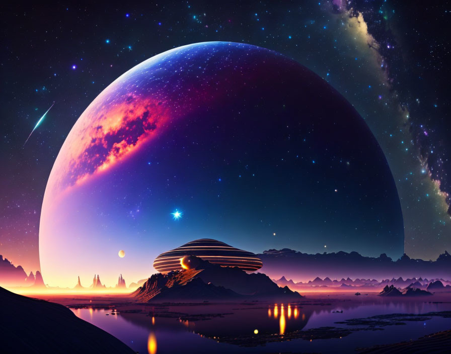 Colorful Sci-Fi Landscape: Large Planet, Alien Desert, Starry Sky