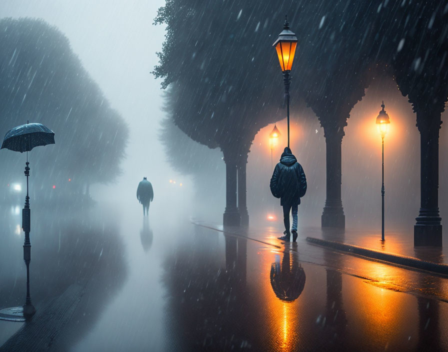 Pedestrian walking under glowing street lamps in heavy rain.