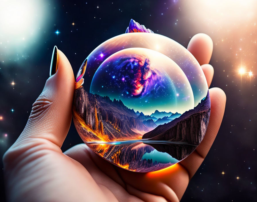 Crystal ball reflects cosmic landscape with stars and mountains