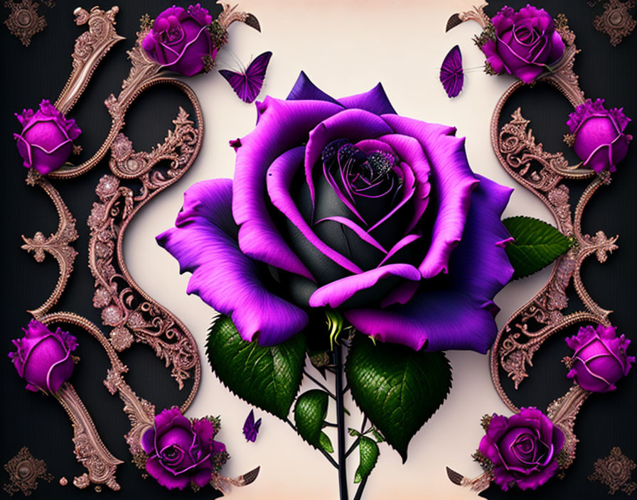 Vibrant purple rose with green leaves and bronze elements on dark background