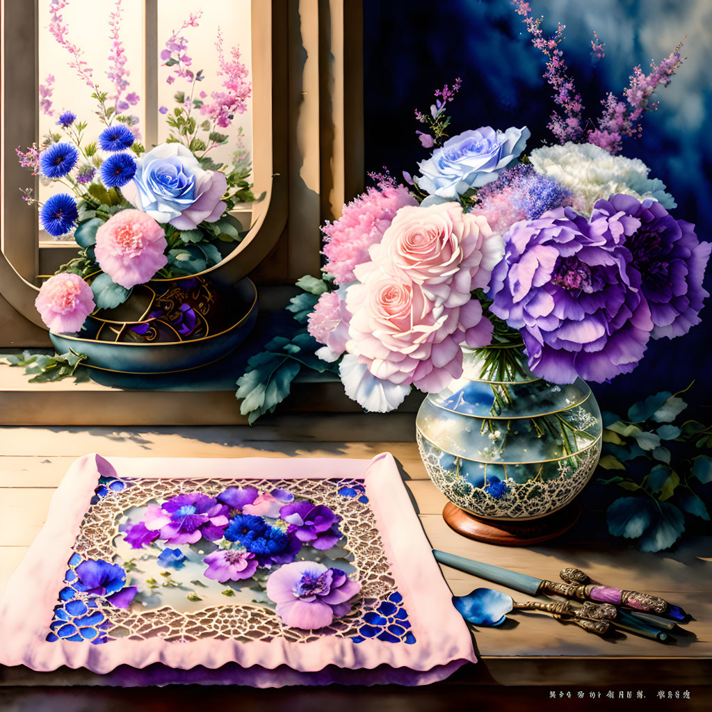 Vibrant blue and pink flowers in ornate vases by wooden window and floral cloth with call