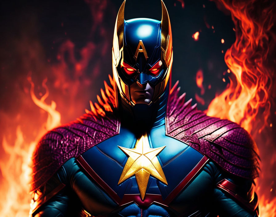 Superhero portrait in blue and red suit with gold trim and star emblem on fiery backdrop