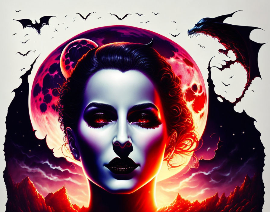 Stylized gothic woman's face with red moon, bats, and dragon in dramatic sky