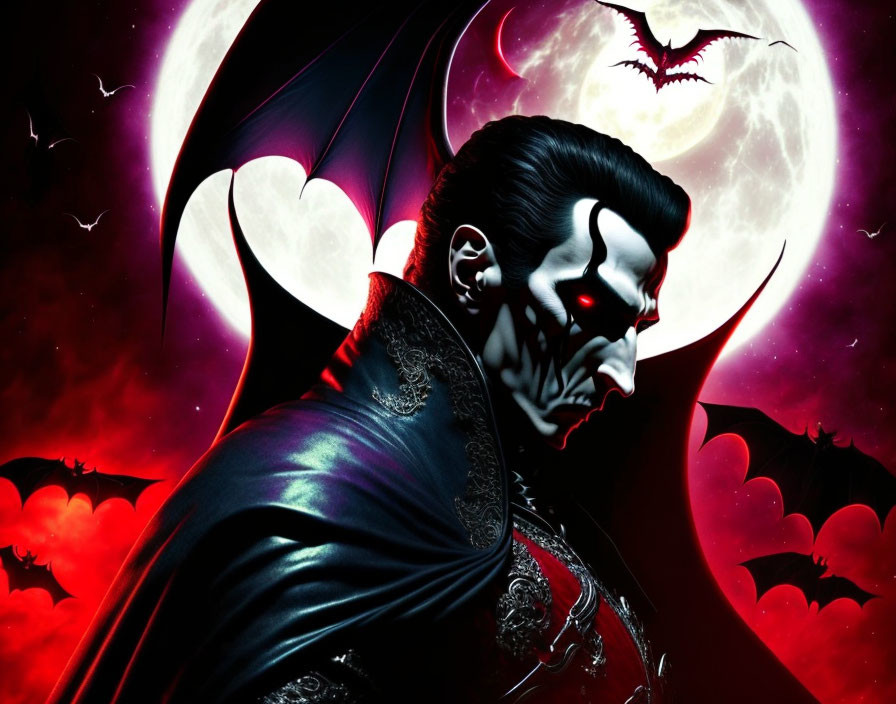 Illustration of vampire with red eyes and bat wings under crimson sky.