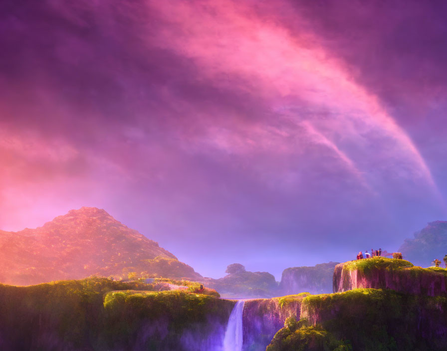 Ethereal landscape: purple sky, rainbow, waterfall, green hills, people.