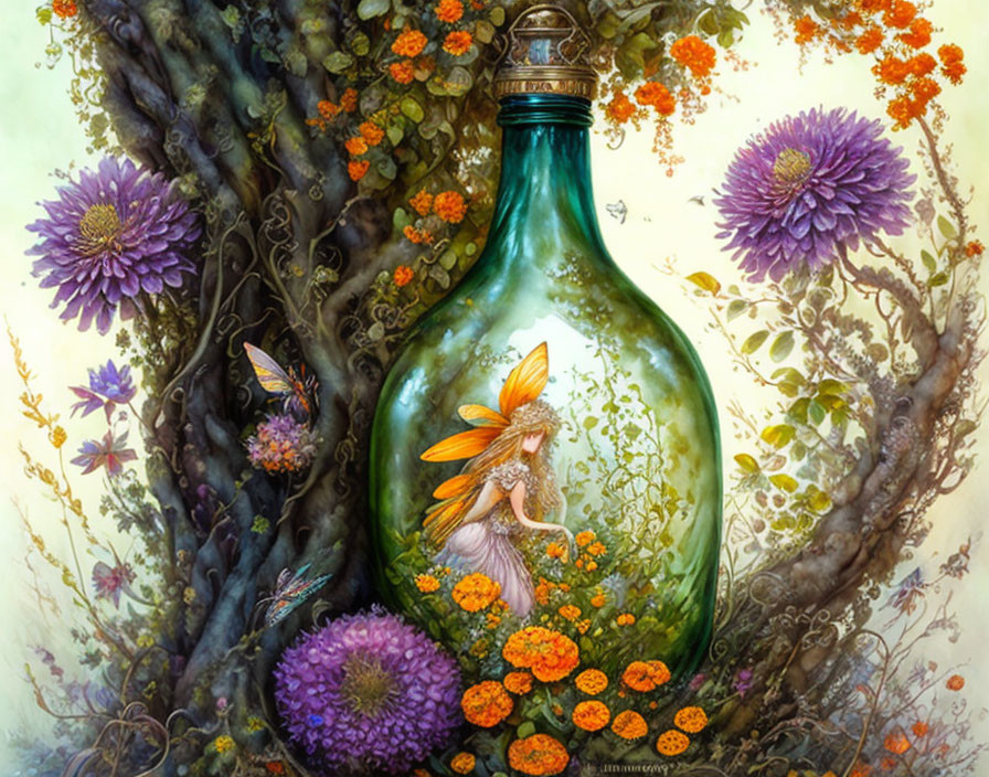 Whimsical fairy with green bottle in tree surrounded by flowers and butterflies